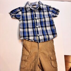 Cherokee Boys Plaid Short Sleeve Button Down Shirt Khaki Cargo‎ Shorts Set 18M